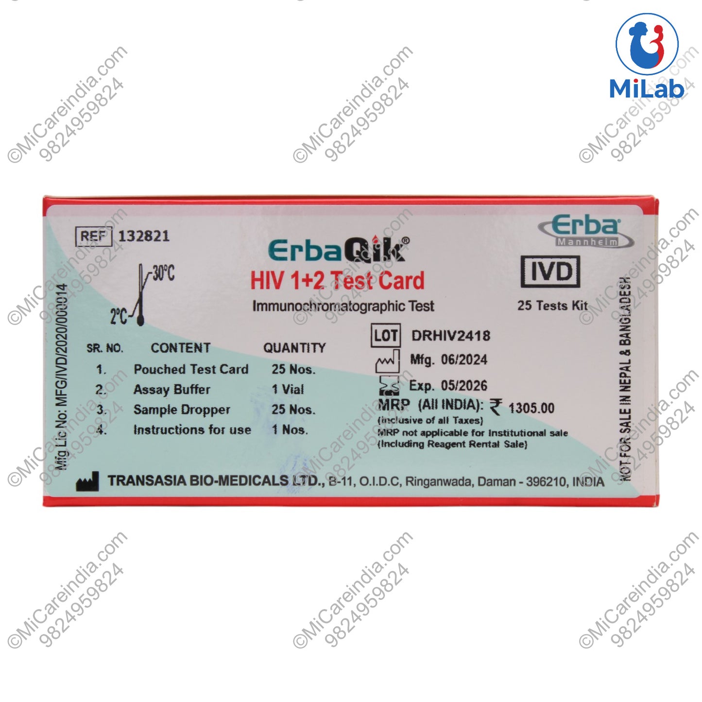 Transasia ErbaQik HIV Gen 3 (I & II) Kit (25 Tests)