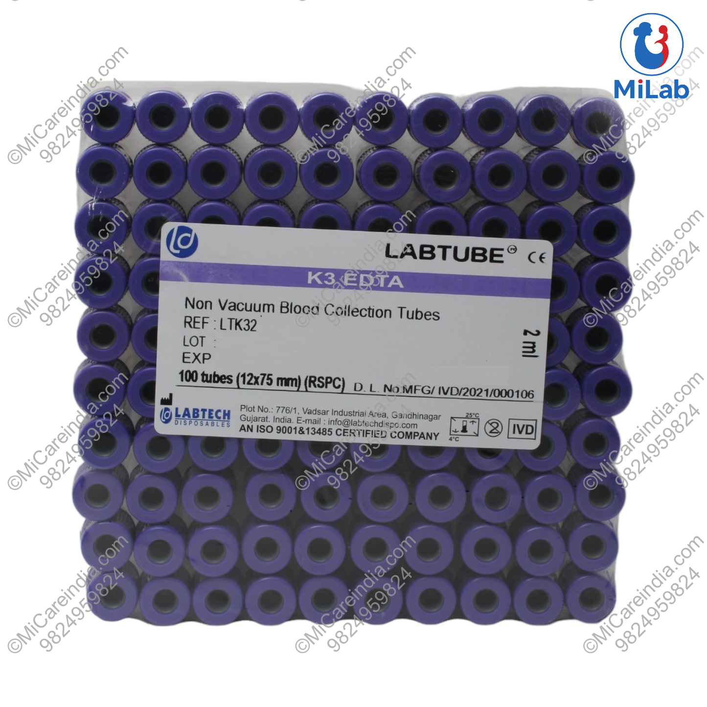 K3 EDTA SAFETY CAP 2ML 100 TUBE PACK