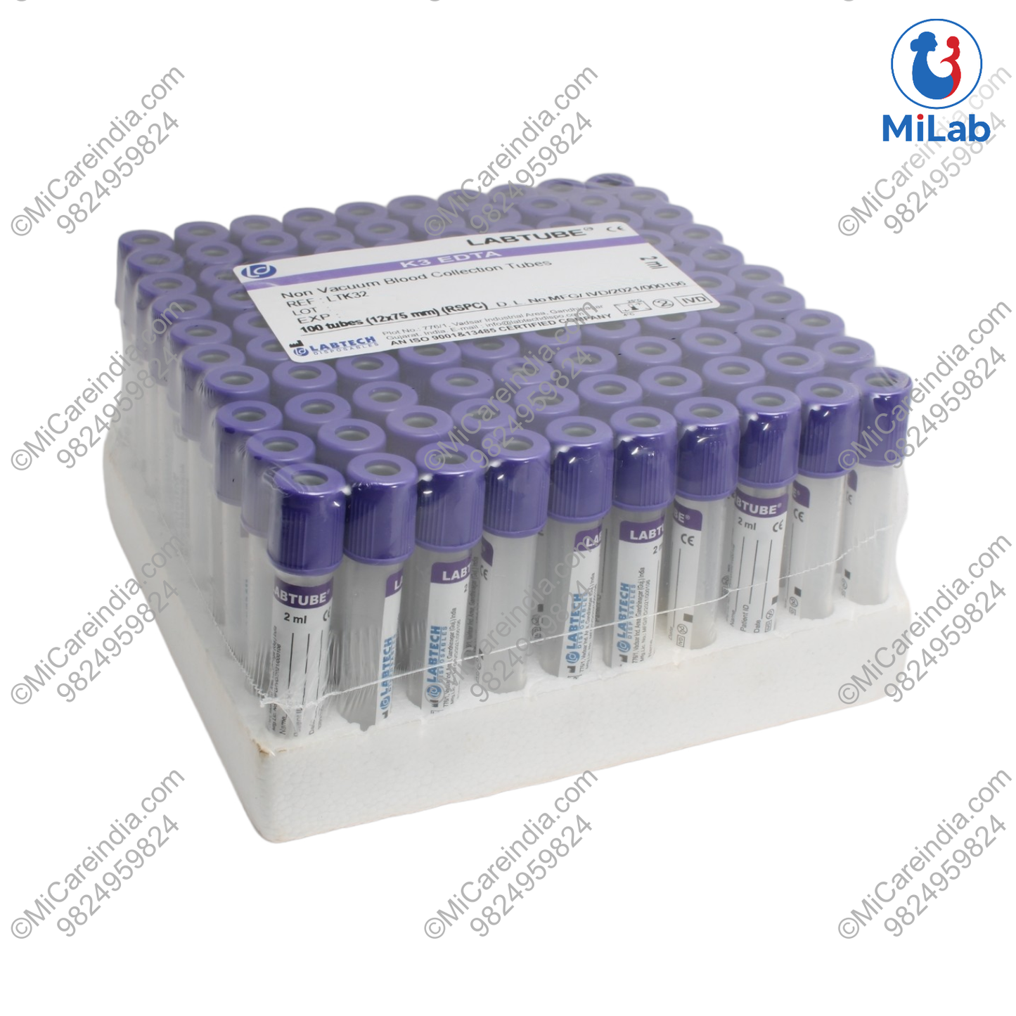 K3 EDTA SAFETY CAP 2ML 100 TUBE PACK