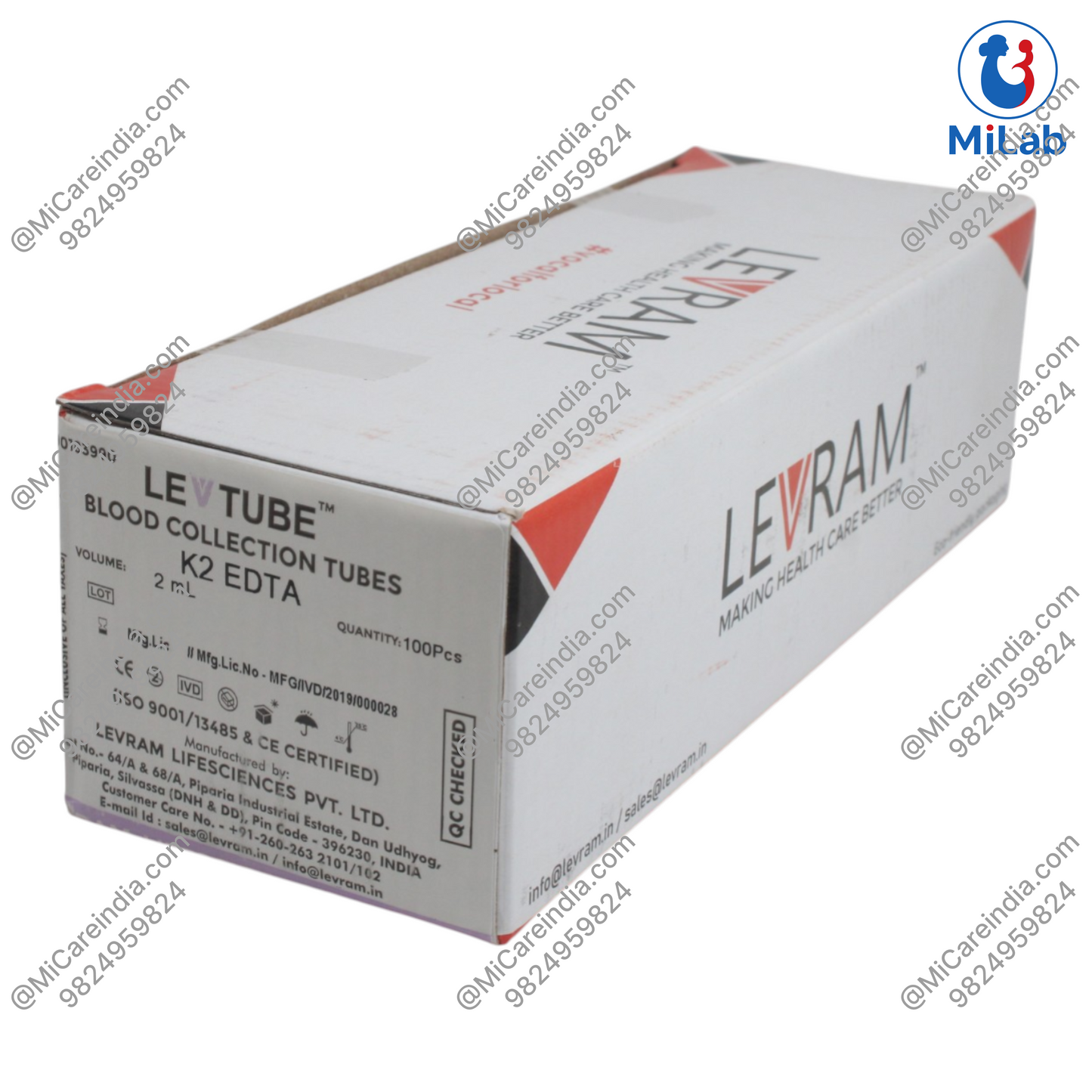 Levram K2 EDTA Rubber Cap Blood Collection Tube (100 Pc)