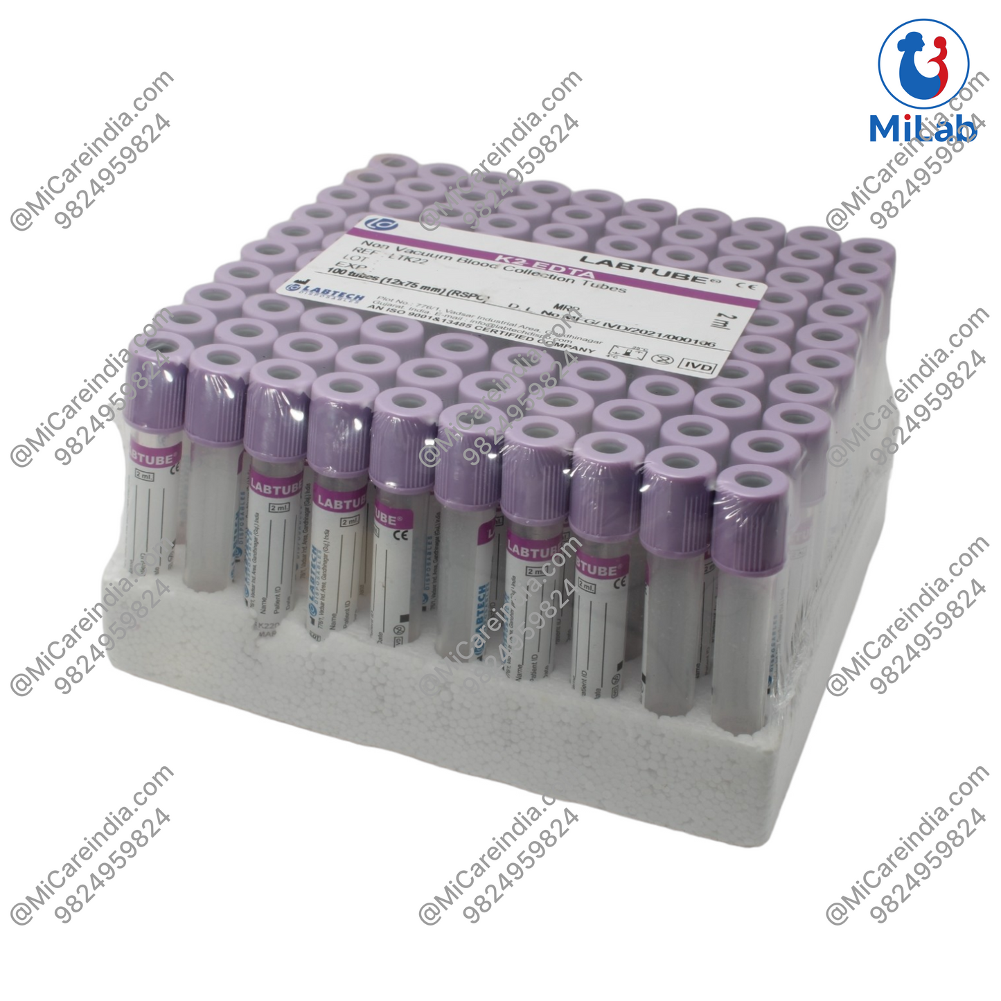 Labtech K2 EDTA Safety Cap Blood Collection Tube (2mL - 100 Pc)