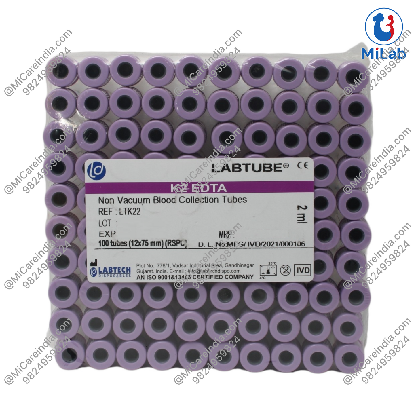 Labtech K2 EDTA Safety Cap Blood Collection Tube (2mL - 100 Pc)