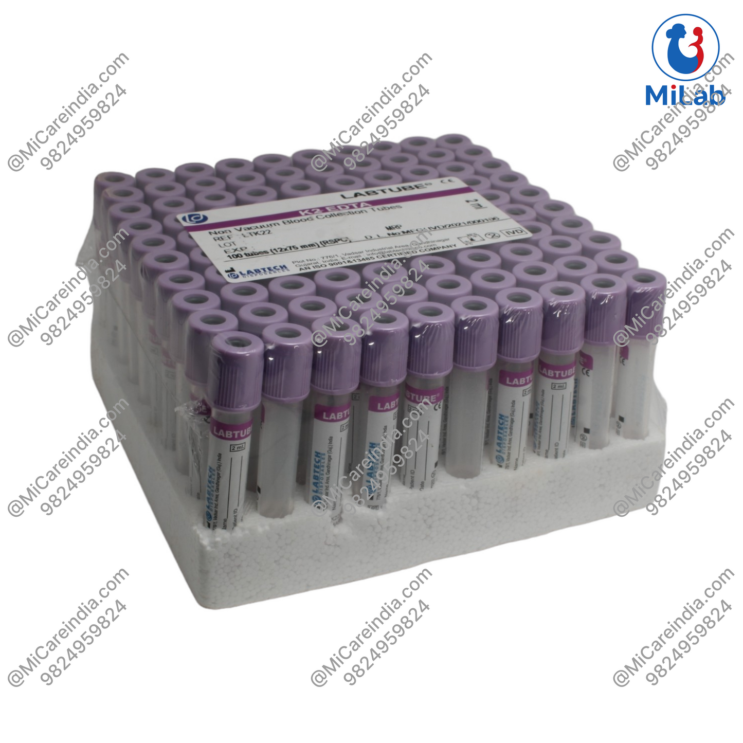 Labtech K2 EDTA Safety Cap Blood Collection Tube (2mL - 100 Pc)