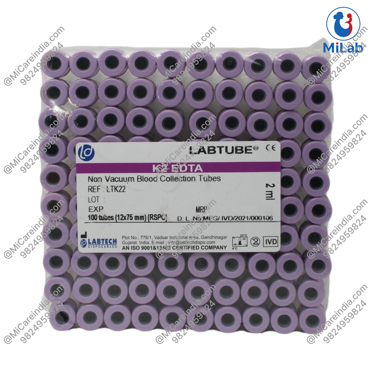 Labtech K2 EDTA Blood Collection Tube with Rubber Cap 2mL (Pack of 100)
