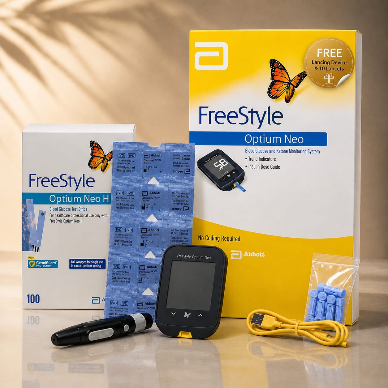 Abbott FreeStyle Optium Neo H Meter + 100 Test Strips Combo (With FREE Lancing Device & 10 Lancets)